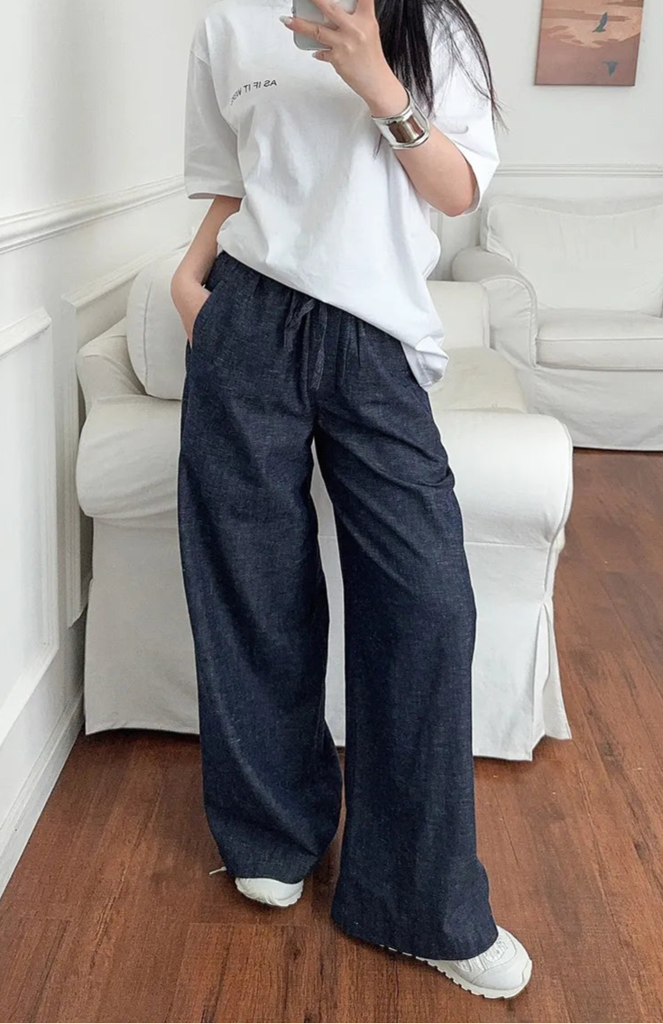 Navy Drawstring Linen Pant