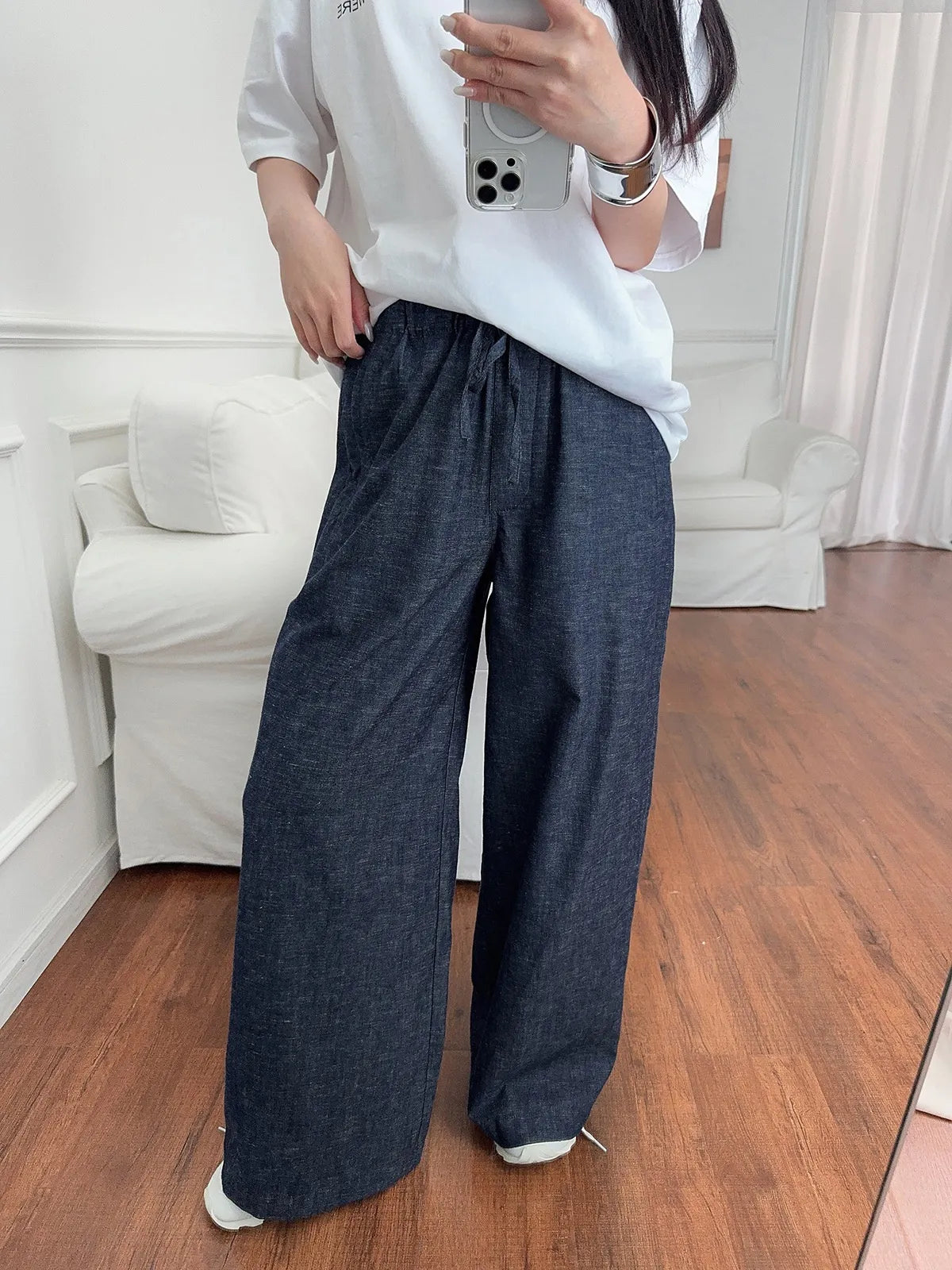 Navy Drawstring Linen Pant
