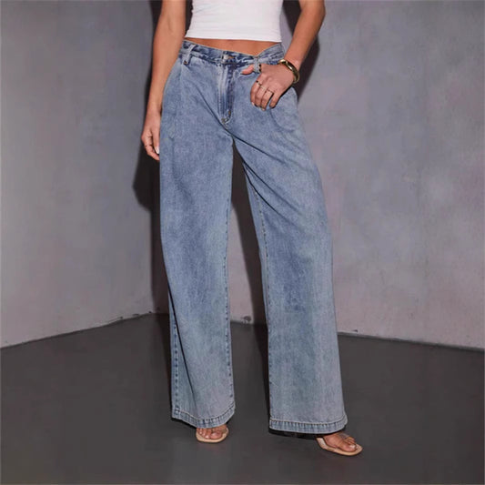 Light Denim Pleat Front Straight Leg Jeans