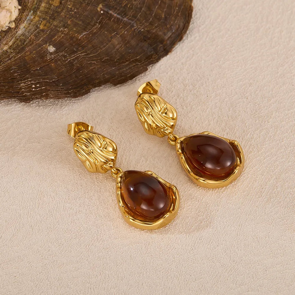 Gold Teardrop Earrings with Brown Gemstone-Inspired Detail