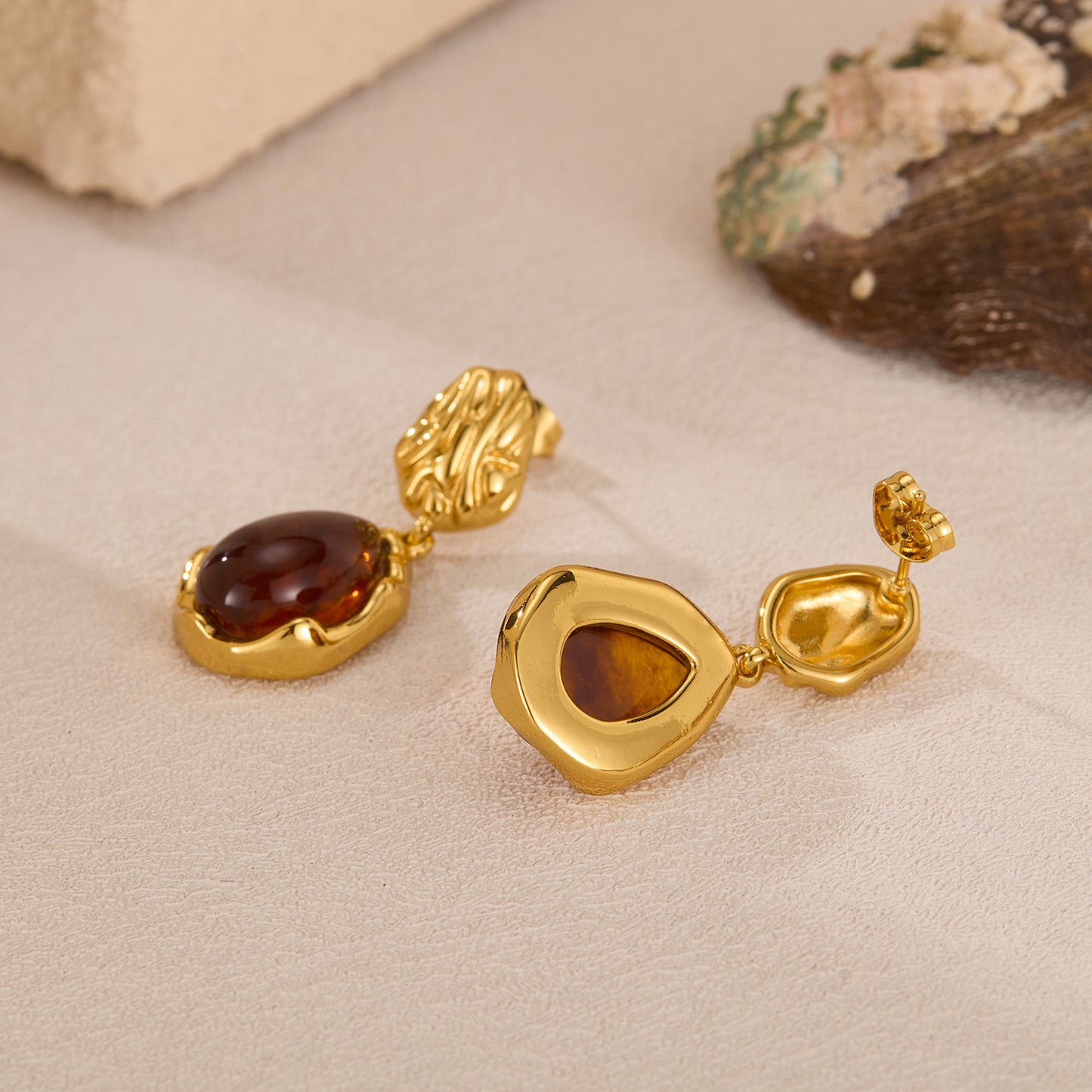 Gold Teardrop Earrings with Brown Gemstone-Inspired Detail
