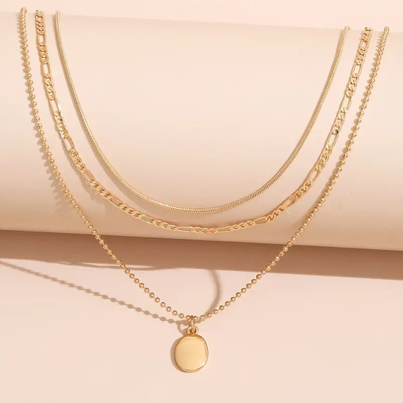Vintage Oval Pendant Layered Chain Necklace
