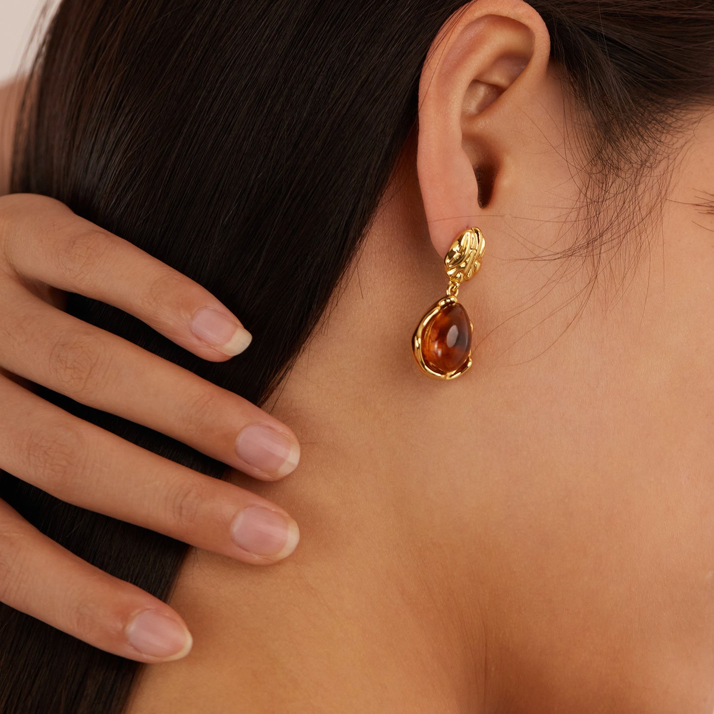 Gold Teardrop Earrings with Brown Gemstone-Inspired Detail