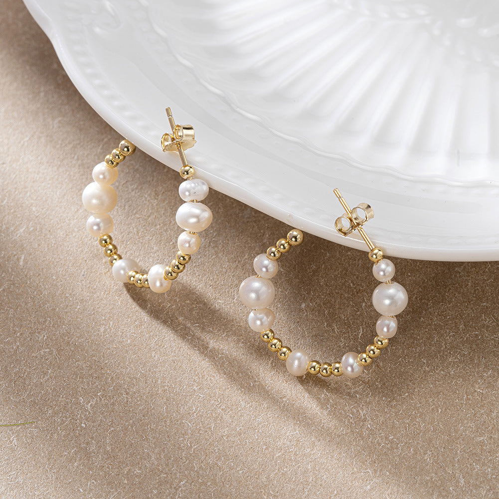 S925 Sterling Silver Freshwater Pearl Stud Earrings with 14K Gold Plating