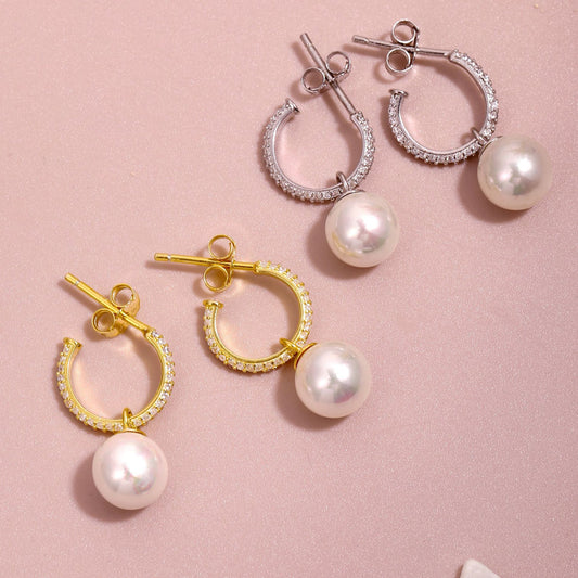 S925 Sterling Silver Pearl Drop Earrings with Crystal-Accented Hoops