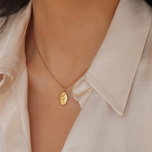 Rose Flower Pendant Necklace in Gold-Plated Titanium Steel