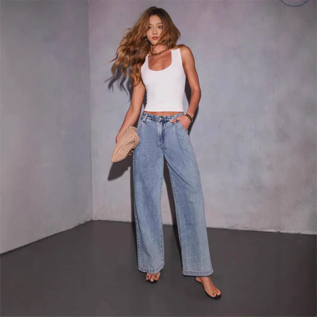 Light Denim Pleat Front Straight Leg Jeans