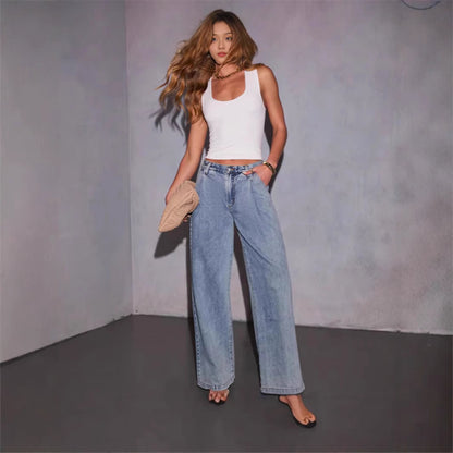 Light Denim Pleat Front Straight Leg Jeans