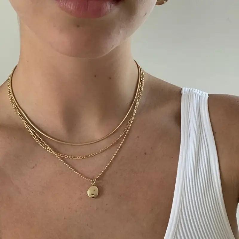 Vintage Oval Pendant Layered Chain Necklace