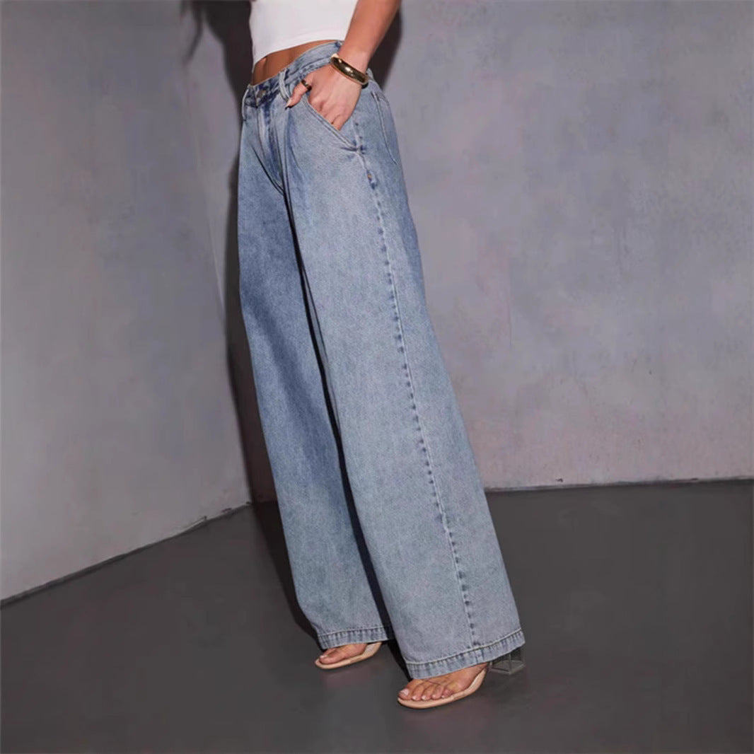 Light Denim Pleat Front Straight Leg Jeans