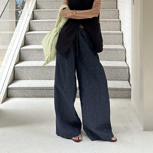 Navy Drawstring Linen Pant