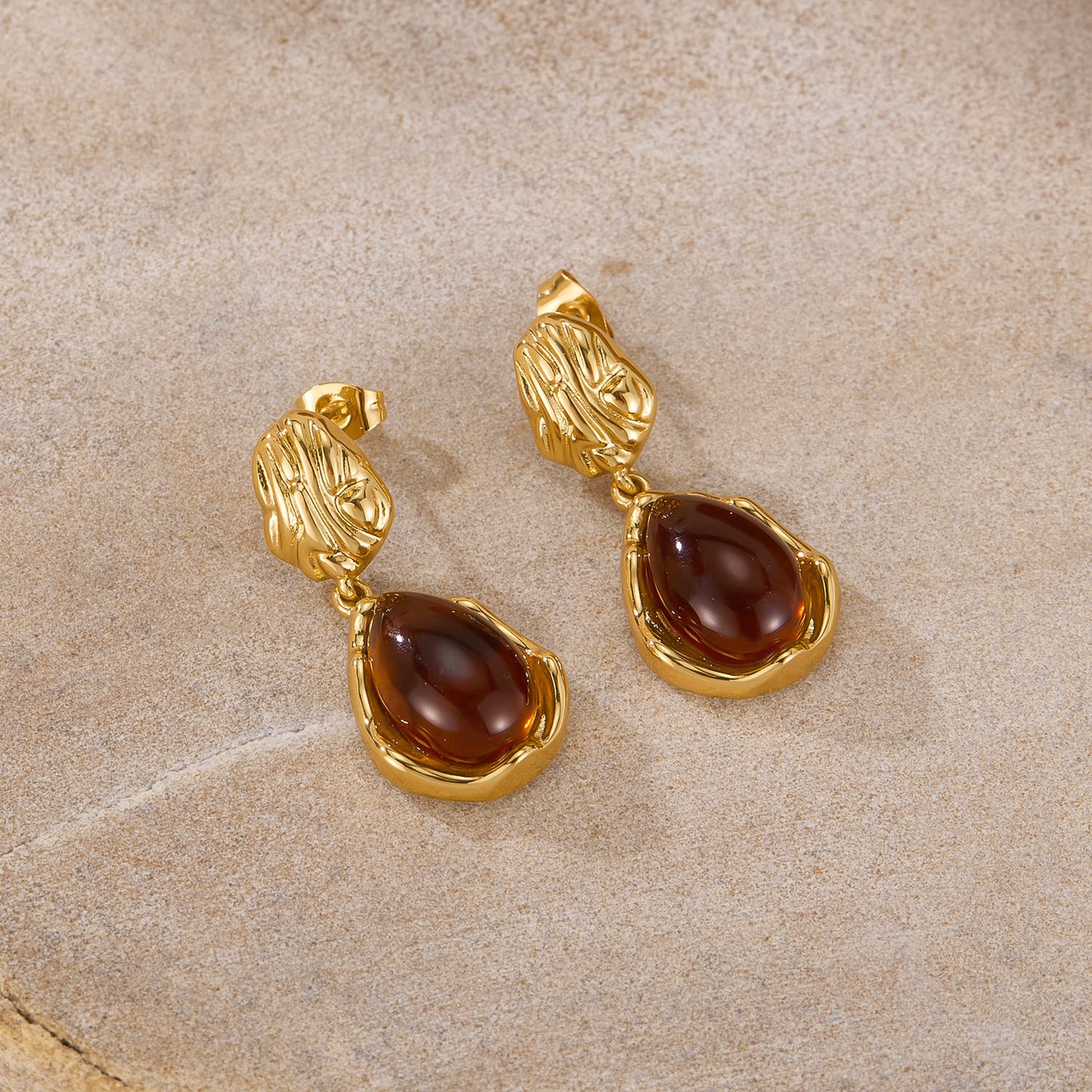 Gold Teardrop Earrings with Brown Gemstone-Inspired Detail