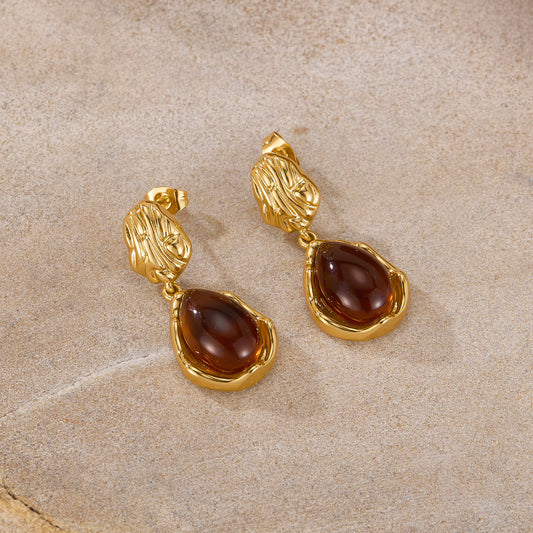 Gold Teardrop Earrings with Brown Gemstone-Inspired Detail