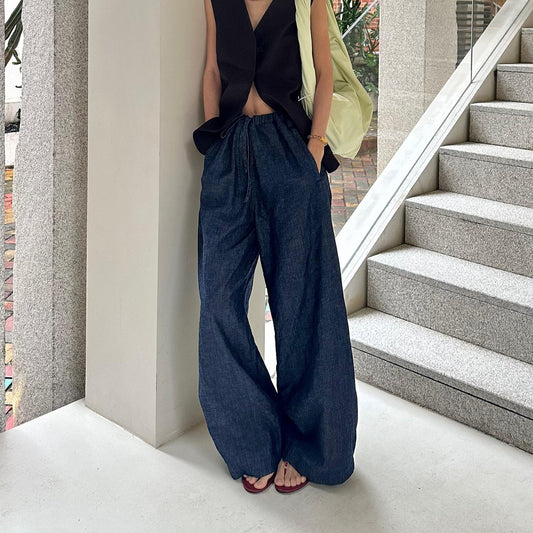 Navy Drawstring Linen Pant