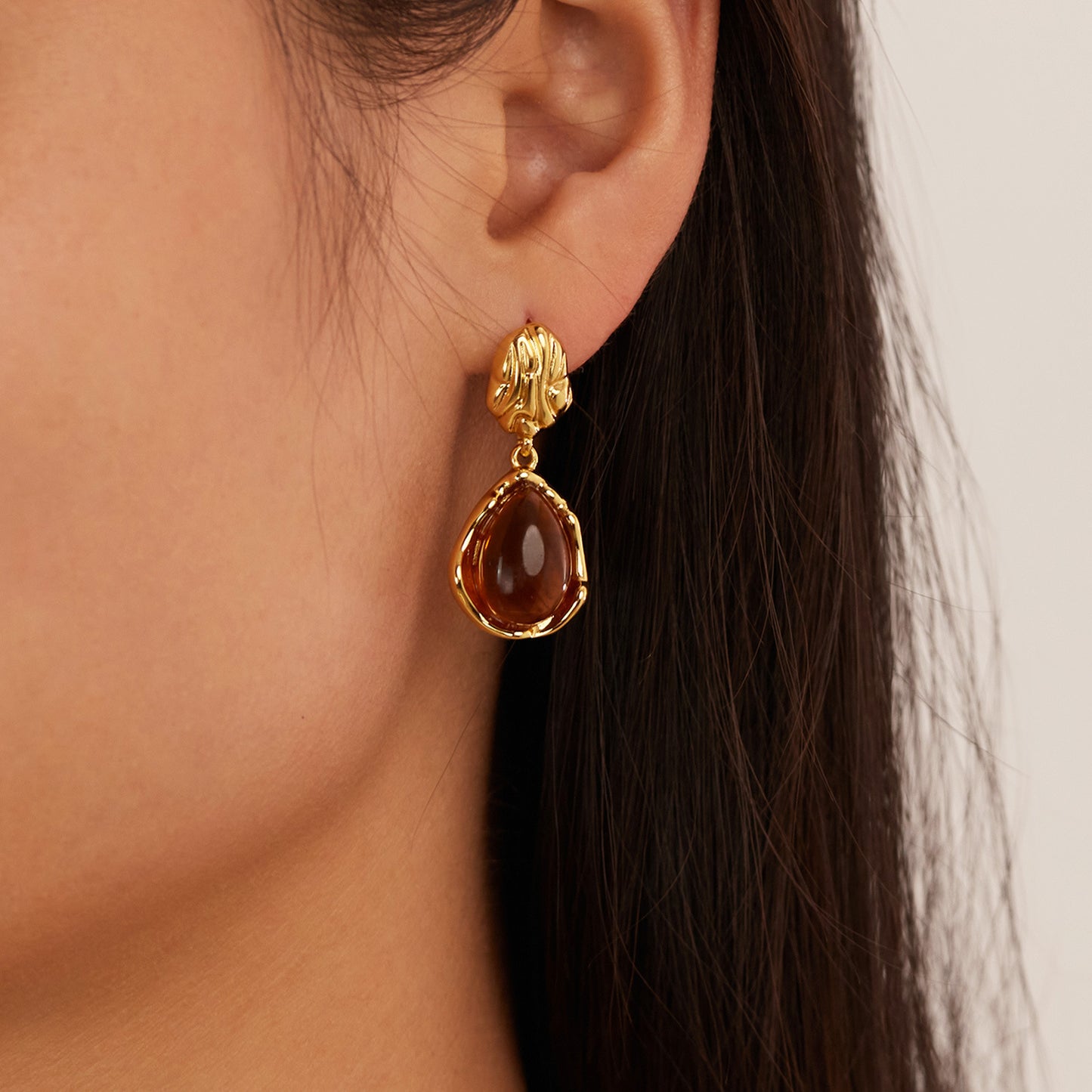 Gold Teardrop Earrings with Brown Gemstone-Inspired Detail
